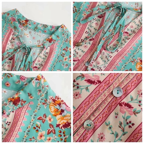 SOLD OUT Turquoise Floral Gypsy Long Sleeve Button Blouse - Picture 7 of 7